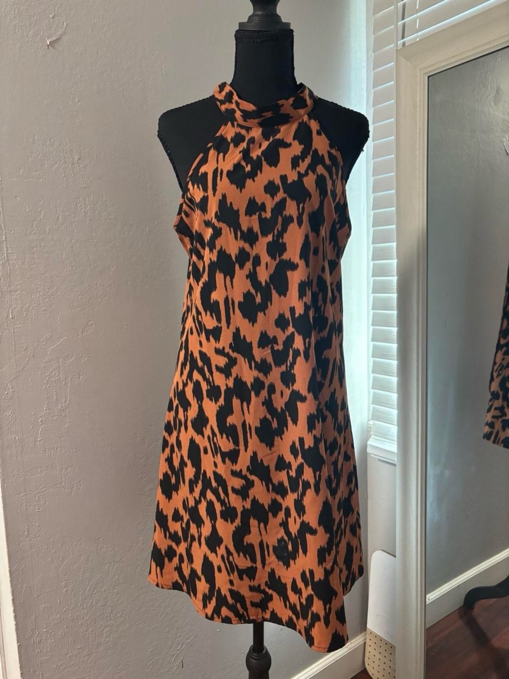 Sleeveless Animal Print Halter Dress in Rust and Black